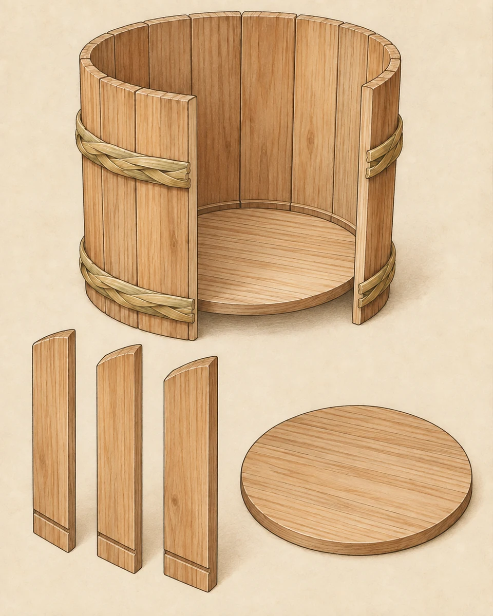 A wooden tub is opened at the front to show vertical staves, a flat bottom and two bamboo hoops. Separate staves reveal plain meeting edges and a seat for the bottom.