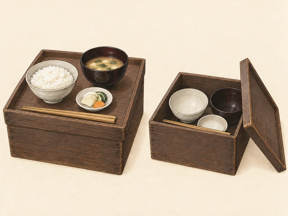 Left: a meal of rice, soup and pickles sits on the inverted lid of a wooden box. Right: the open box holds an empty rice bowl, lacquer soup bowl, small pickle dish and chopsticks.