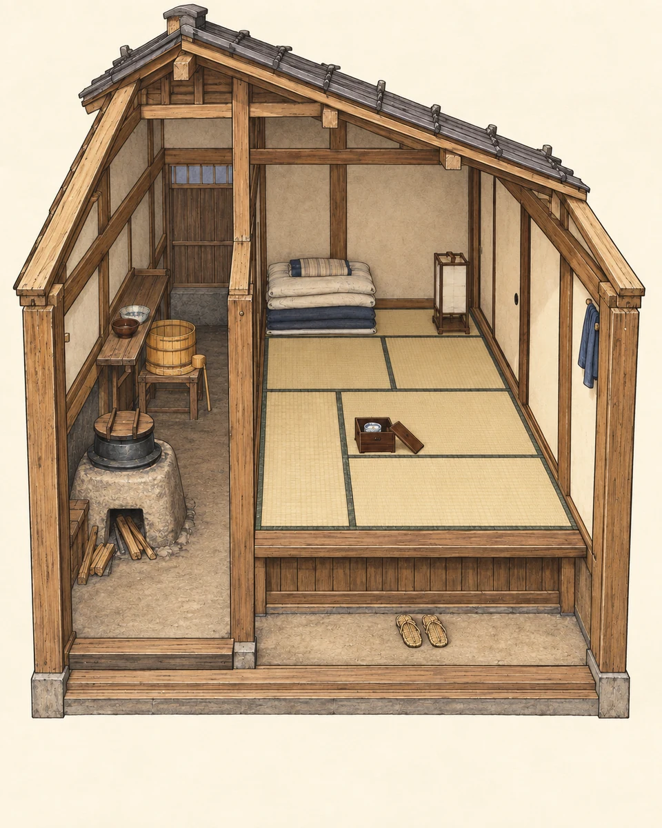 Cutaway of a small dwelling: a lower earthen kitchen with stove, iron pot, water tub and sandals adjoins a raised mat-covered room with bedding, lamp and meal box.