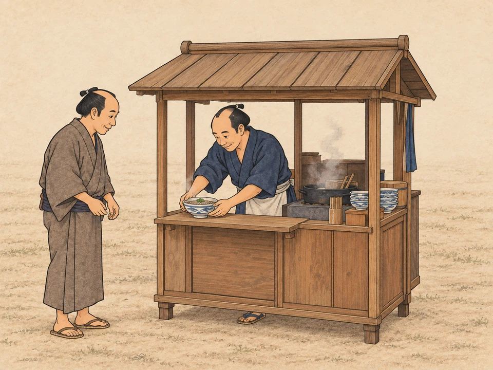 At a small roofed wooden soba stall, a vendor places a bowl before a waiting customer. A cooking pot, bowls and utensils occupy the working space. The portable stall stands on short feet, not wheels.