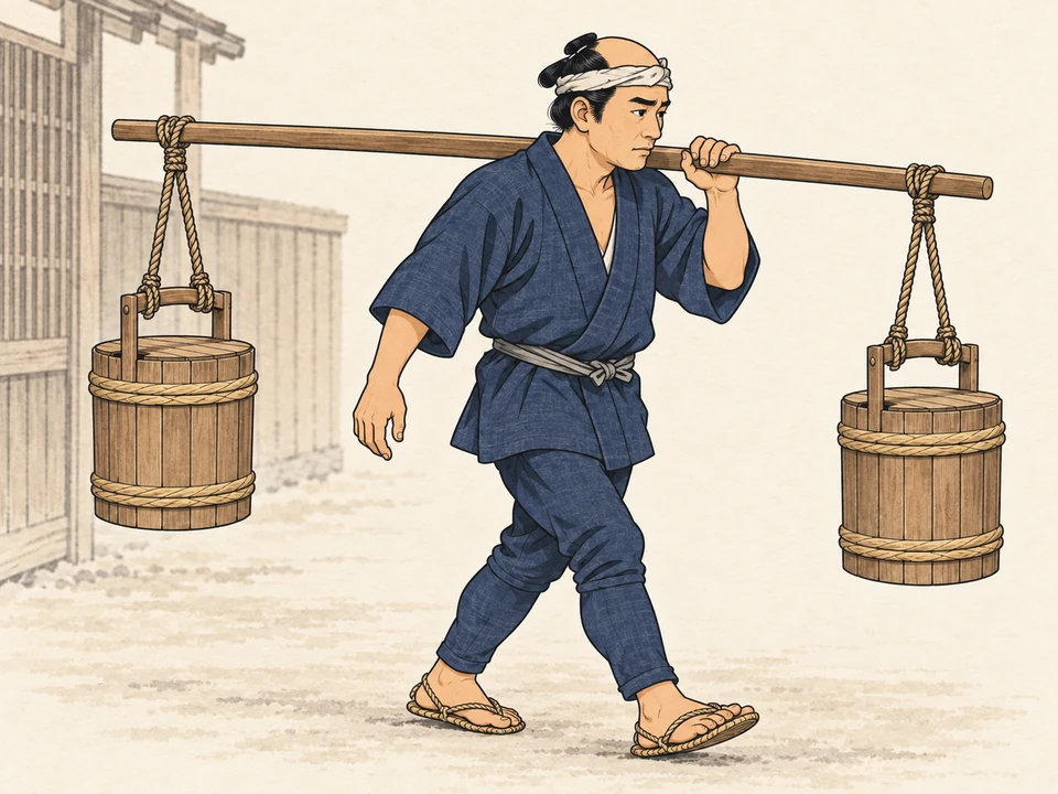An Edo water carrier balances two covered wooden buckets from a shoulder pole. He wears a short indigo work coat, fitted trousers, straw sandals and a headband over a compact folded hairstyle.